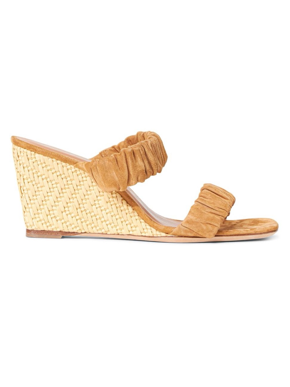 STAUD || Frankie Ruched-Strap Wedge Sandals Suede Brown Tan 38